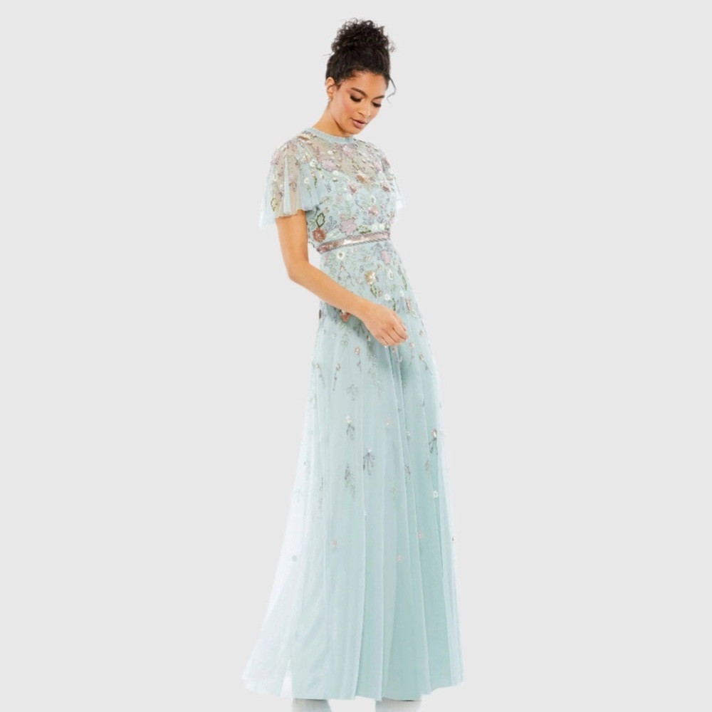 MAC DUGGAL 9136 Womens Embellished High Neck Butterfly Sleeve Gown Mint Rare